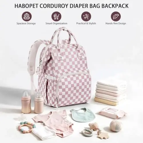 HABOPET Diaper Bag Backpack, Corduroy Travel Baby diaper bag for Mom/Dad | Backpack Diaper Bag with Stroller Straps,13 Pockets,Easy Access,Corduroy,Baby Bag for Boys&Girls,Travel Essentials - HABOPET (1)