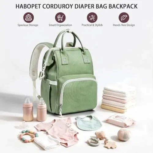 HABOPET Diaper Bag Backpack, Corduroy Travel Baby diaper bag for Mom/Dad | Backpack Diaper Bag with Stroller Straps,13 Pockets,Easy Access,Corduroy,Baby Bag for Boys&Girls,Travel Essentials - HABOPET (1)