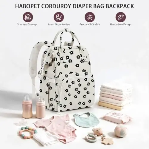 HABOPET Diaper Bag Backpack, Corduroy Travel Baby diaper bag for Mom/Dad | Backpack Diaper Bag with Stroller Straps,13 Pockets,Easy Access,Corduroy,Baby Bag for Boys&Girls,Travel Essentials - HABOPET (1)