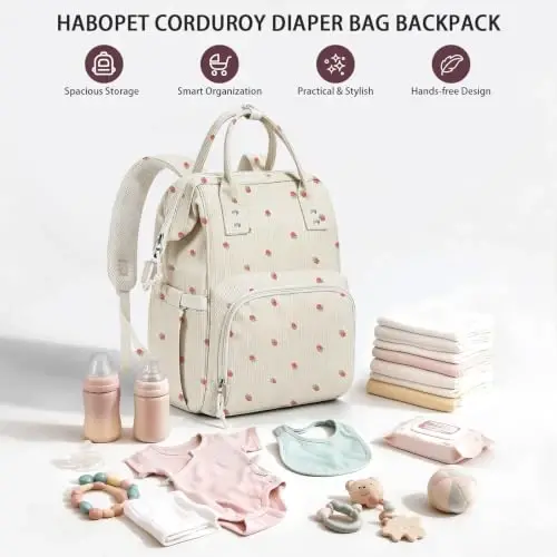 HABOPET Diaper Bag Backpack, Corduroy Travel Baby diaper bag for Mom/Dad | Backpack Diaper Bag with Stroller Straps,13 Pockets,Easy Access,Corduroy,Baby Bag for Boys&Girls,Travel Essentials - HABOPET (1)