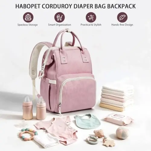 HABOPET Diaper Bag Backpack, Corduroy Travel Baby diaper bag for Mom/Dad | Backpack Diaper Bag with Stroller Straps,13 Pockets,Easy Access,Corduroy,Baby Bag for Boys&Girls,Travel Essentials - HABOPET (1)