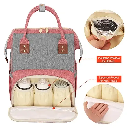 HABOPET Diaper Bag Backpack Multi-Function Baby Bag With Large Capacity and Insulated Pockets Diaper Backpack Organizer Bag for Mom/Dad, Pink+Gray - 4