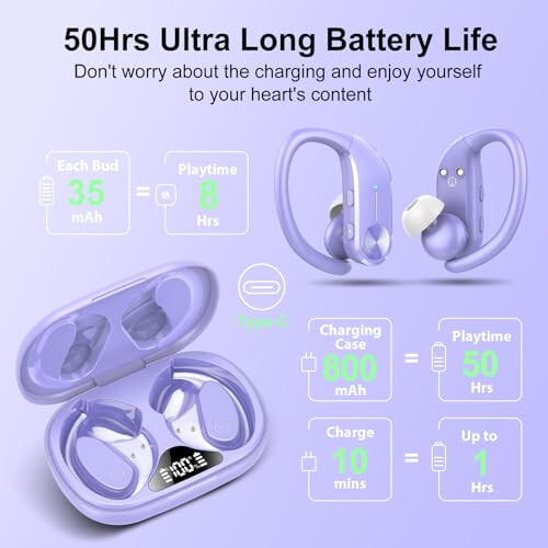 hadbleng Ear Buds Bluetooth Headphones Wireless Earbuds 50hrs Playtime Sports Earhooks Earphones with LED Display IPX7 Waterproof Built-in Mic Over-Ear Headset for Workout,Running (Mauve) - 2