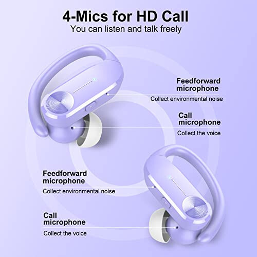 hadbleng Ear Buds Bluetooth Headphones Wireless Earbuds 50hrs Playtime Sports Earhooks Earphones with LED Display IPX7 Waterproof Built-in Mic Over-Ear Headset for Workout,Running (Mauve) - 3