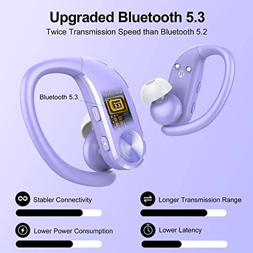 hadbleng Ear Buds Bluetooth Headphones Wireless Earbuds 50hrs Playtime Sports Earhooks Earphones with LED Display IPX7 Waterproof Built-in Mic Over-Ear Headset for Workout,Running (Mauve) - 5