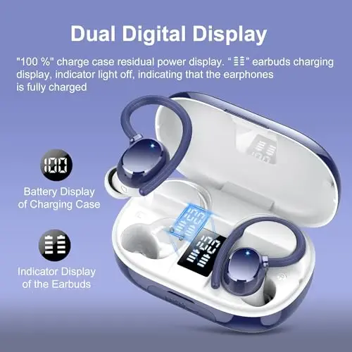 hadbleng Ear Buds Wireless Earbuds Bluetooth Headphones with 128H Playtime LED Digital Display Charging Case, Over-Ear Hook with Mic, Stereo Sound, IPX7 Waterproof Earphones for Workout/Running - 4