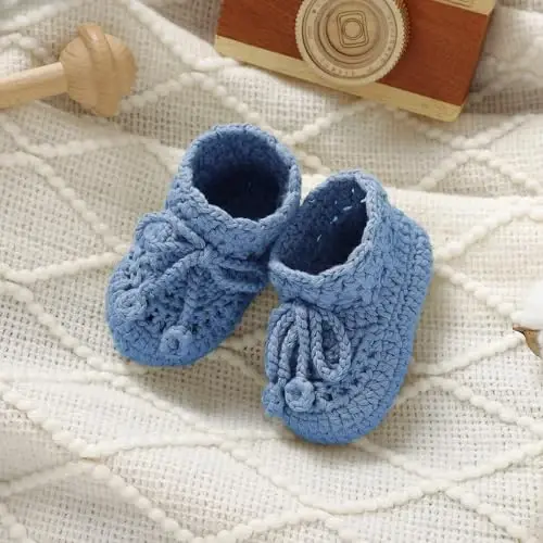 Hadetoto Baby Booties Hand Crochet Knit Cotton Bootie Soft Cozy Warm Socks Shoes Newborn First Walkers for Infant Boy Girl - 12