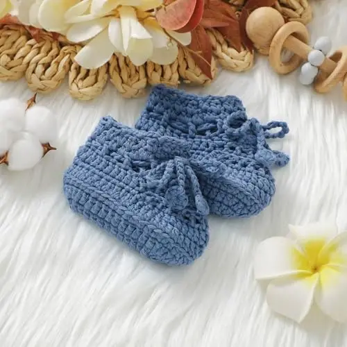 Hadetoto Baby Booties Hand Crochet Knit Cotton Bootie Soft Cozy Warm Socks Shoes Newborn First Walkers for Infant Boy Girl - 14