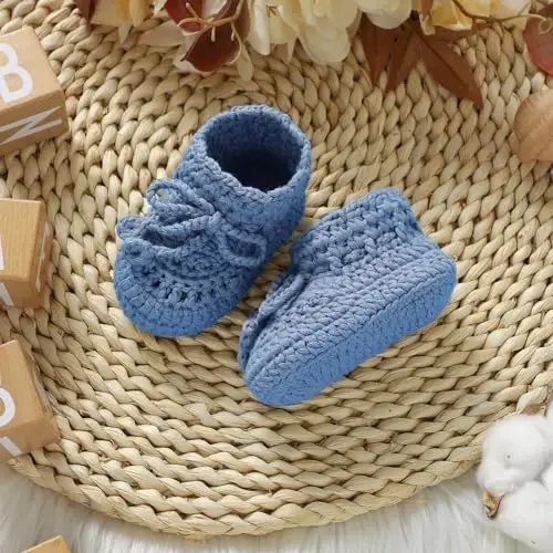 Hadetoto Baby Booties Hand Crochet Knit Cotton Bootie Soft Cozy Warm Socks Shoes Newborn First Walkers for Infant Boy Girl - 6