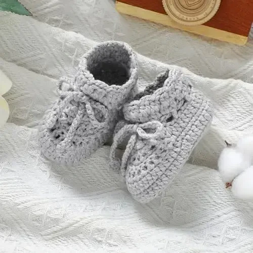 Hadetoto Baby Booties Hand Crochet Knit Cotton Bootie Soft Cozy Warm Socks Shoes Newborn First Walkers for Infant Boy Girl - 5