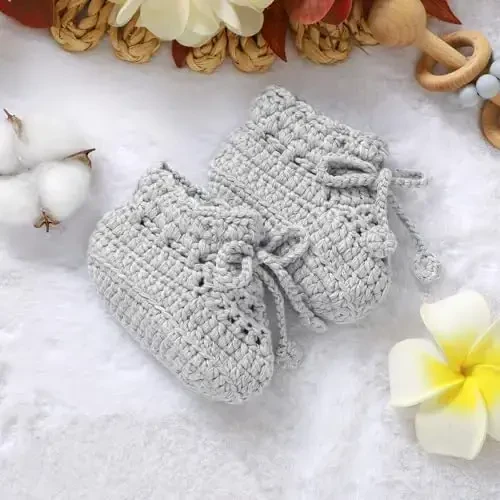Hadetoto Baby Booties Hand Crochet Knit Cotton Bootie Soft Cozy Warm Socks Shoes Newborn First Walkers for Infant Boy Girl - 6