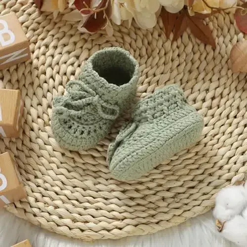Hadetoto Baby Booties Hand Crochet Knit Cotton Bootie Soft Cozy Warm Socks Shoes Newborn First Walkers for Infant Boy Girl - 5