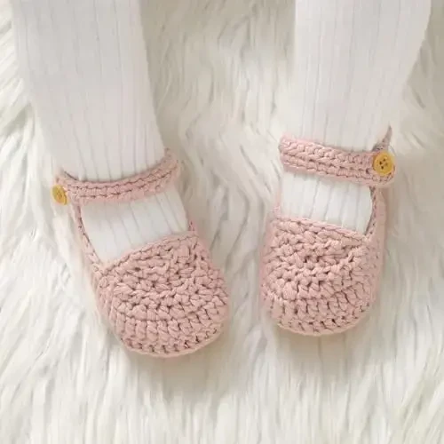 Hadetoto Baby Booties Newborn Baby Mary Jane Shoes Hand Crochet Knit First Walkers Cotton Infant Bootie - 3