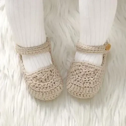 Hadetoto Baby Booties Newborn Baby Mary Jane Shoes Hand Crochet Knit First Walkers Cotton Infant Bootie - 3