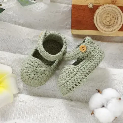 Hadetoto Baby Booties Newborn Baby Mary Jane Shoes Hand Crochet Knit First Walkers Cotton Infant Bootie - 5