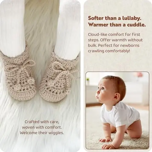 Hadetoto Baby Booties Hand Crochet Knit Cotton Bootie Soft Cozy Warm Socks Shoes Newborn First Walkers for Infant Boy Girl - 3