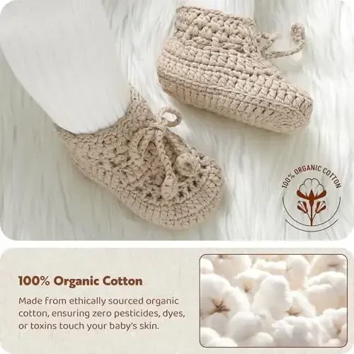 Hadetoto Baby Booties Hand Crochet Knit Cotton Bootie Soft Cozy Warm Socks Shoes Newborn First Walkers for Infant Boy Girl - HADETOTO (1)