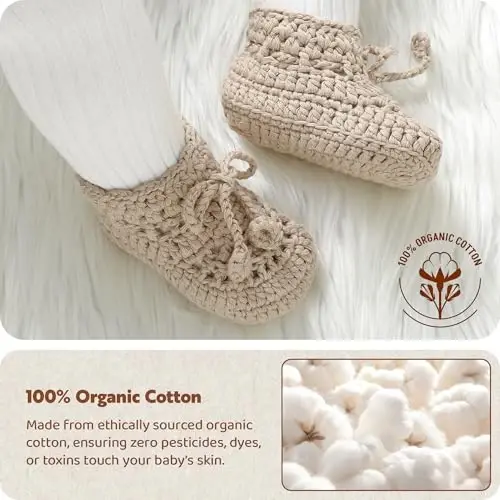 Hadetoto Baby Booties Hand Crochet Knit Cotton Bootie Soft Cozy Warm Socks Shoes Newborn First Walkers for Infant Boy Girl - 1
