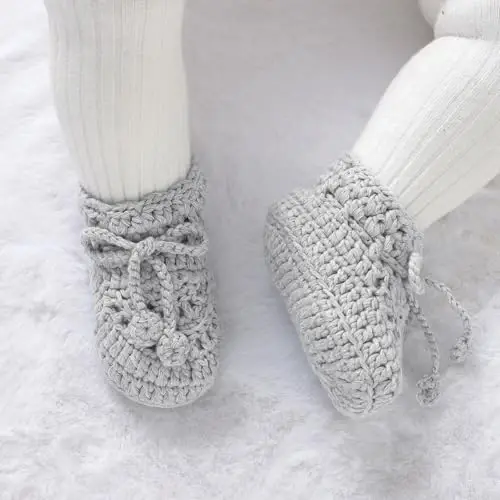 Hadetoto Baby Booties Hand Crochet Knit Cotton Bootie Soft Cozy Warm Socks Shoes Newborn First Walkers for Infant Boy Girl - 4