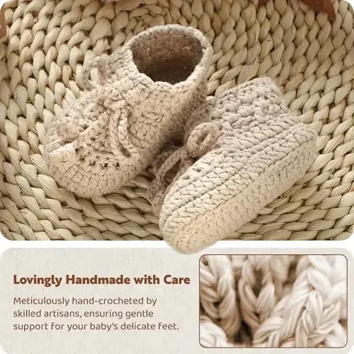 Hadetoto Baby Booties Hand Crochet Knit Cotton Bootie Soft Cozy Warm Socks Shoes Newborn First Walkers for Infant Boy Girl - 4