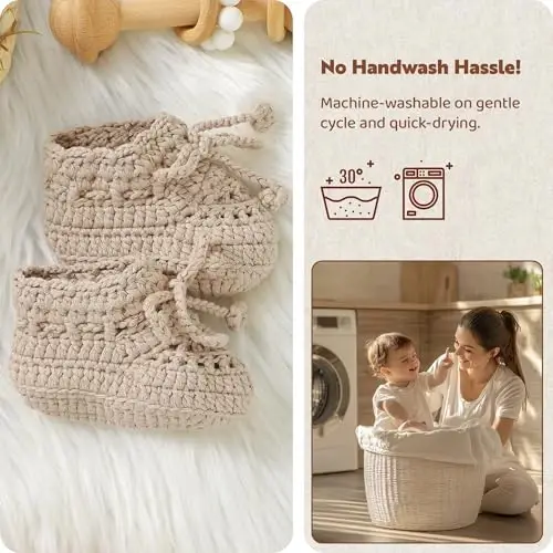 Hadetoto Baby Booties Hand Crochet Knit Cotton Bootie Soft Cozy Warm Socks Shoes Newborn First Walkers for Infant Boy Girl - 12