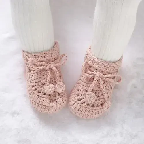 Hadetoto Baby Booties Hand Crochet Knit Cotton Bootie Soft Cozy Warm Socks Shoes Newborn First Walkers for Infant Boy Girl - 3