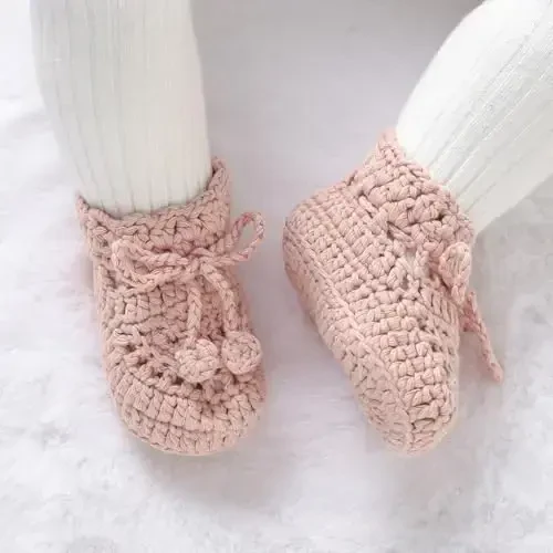 Hadetoto Baby Booties Hand Crochet Knit Cotton Bootie Soft Cozy Warm Socks Shoes Newborn First Walkers for Infant Boy Girl - 4