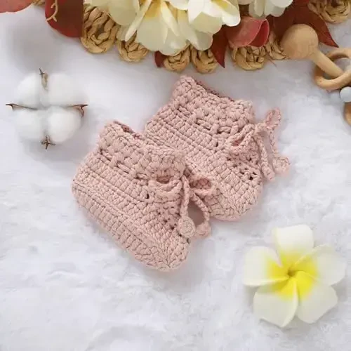 Hadetoto Baby Booties Hand Crochet Knit Cotton Bootie Soft Cozy Warm Socks Shoes Newborn First Walkers for Infant Boy Girl - 6
