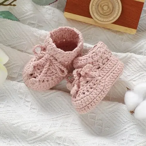 Hadetoto Baby Booties Hand Crochet Knit Cotton Bootie Soft Cozy Warm Socks Shoes Newborn First Walkers for Infant Boy Girl - 5