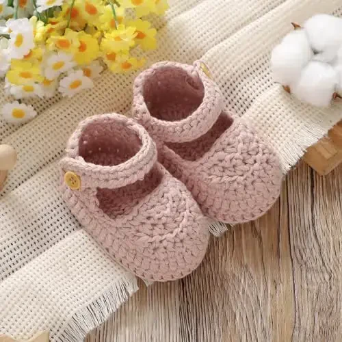 Hadetoto Baby Booties Newborn Baby Mary Jane Shoes Hand Crochet Knit First Walkers Cotton Infant Bootie - 5