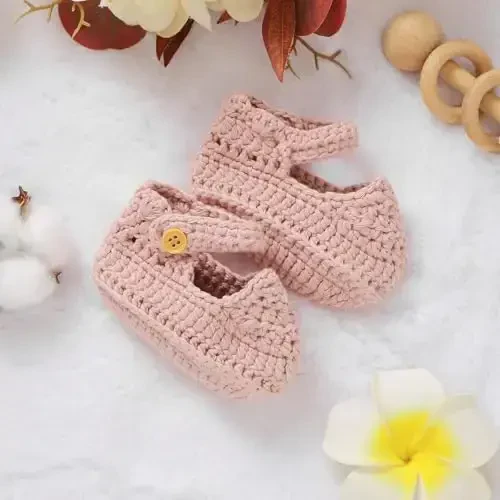 Hadetoto Baby Booties Newborn Baby Mary Jane Shoes Hand Crochet Knit First Walkers Cotton Infant Bootie - 6