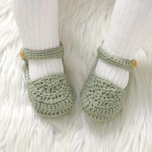 Hadetoto Baby Booties Newborn Baby Mary Jane Shoes Hand Crochet Knit First Walkers Cotton Infant Bootie - 3