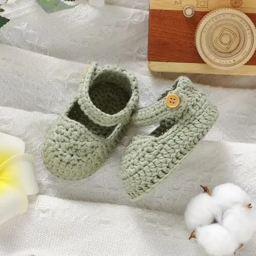 Hadetoto Baby Booties Newborn Baby Mary Jane Shoes Hand Crochet Knit First Walkers Cotton Infant Bootie - 5