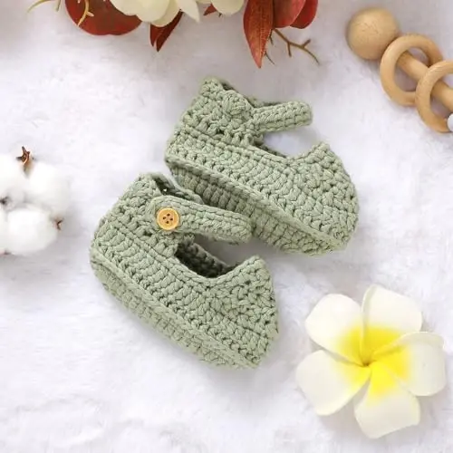Hadetoto Baby Booties Newborn Baby Mary Jane Shoes Hand Crochet Knit First Walkers Cotton Infant Bootie - 6
