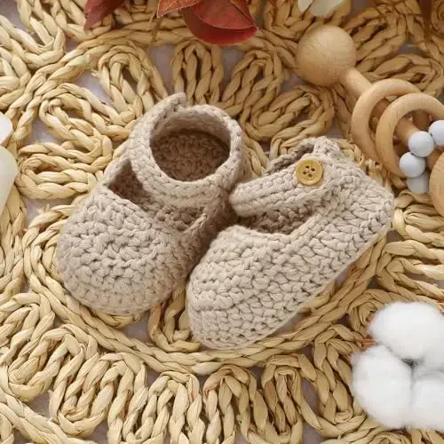 Hadetoto Baby Booties Newborn Baby Mary Jane Shoes Hand Crochet Knit First Walkers Cotton Infant Bootie - 5
