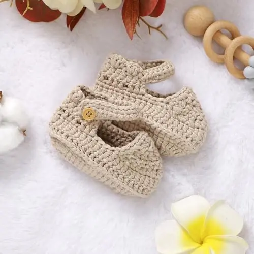 Hadetoto Baby Booties Newborn Baby Mary Jane Shoes Hand Crochet Knit First Walkers Cotton Infant Bootie - 6