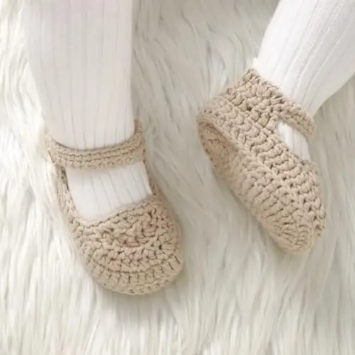 Hadetoto Baby Booties Newborn Baby Mary Jane Shoes Hand Crochet Knit First Walkers Cotton Infant Bootie - 2