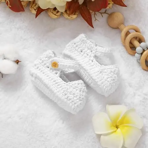 Hadetoto Baby Booties Newborn Baby Mary Jane Shoes Hand Crochet Knit First Walkers Cotton Infant Bootie - 6