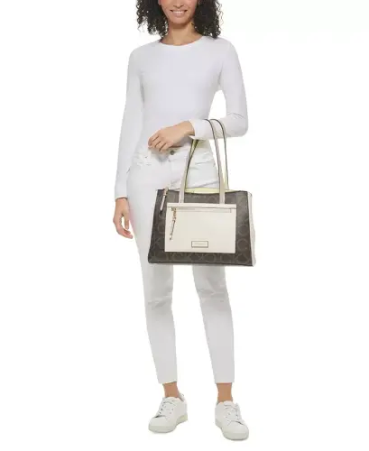 Hadley Signature Colorblocked Triple Compartment Tote-Almond Taupe/Cherub White/Dove - 7