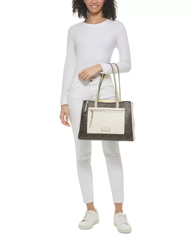 Hadley Signature Colorblocked Triple Compartment Tote - Almond Taupe/Cherub White/Dove - 7