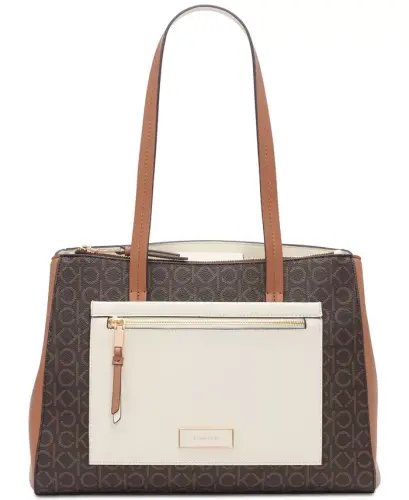 Hadley Signature Colorblocked Triple Compartment Tote-Brown Khaki/Caramel/White 
