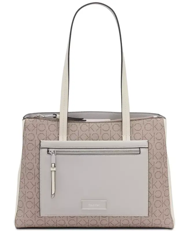 Hadley Signature Colorblocked Triple Compartment Tote-Almond Taupe/Cherub White/Dove - CALVIN KLEIN