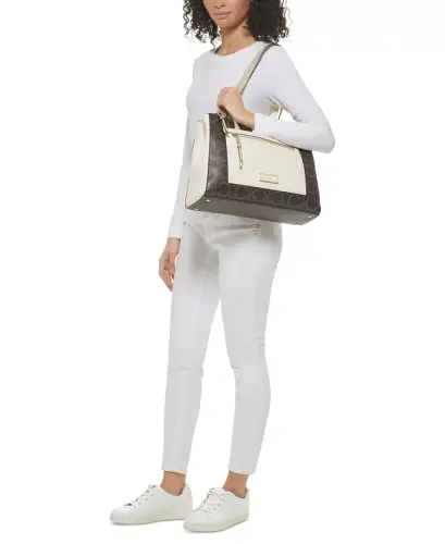 Hadley Signature Colorblocked Triple Compartment Tote-Almond Taupe/Cherub White/Dove - 6