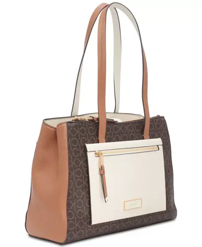 Hadley Signature Colorblocked Triple Compartment Tote-Brown Khaki/Caramel/White - 2