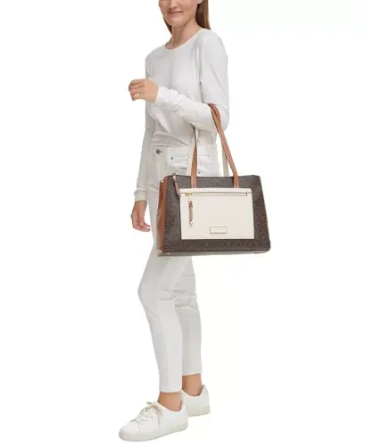 Hadley Signature Colorblocked Triple Compartment Tote-Brown Khaki/Caramel/White - 7