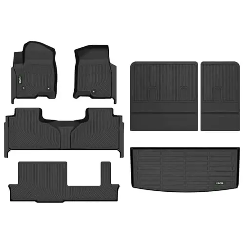 HAFIDI® Pol qoplamalar va yuk qopqog'i va o'rindiq orqa yuk to'plami Chevrolet Chevy Tahoe & GMC Yukon 2021-2025 2026 uchun mos (XL mos emas) (8 o'rindiqli) Barcha ob-havo TPE Avtomobil to'liq to'plam qoplamalari maxsus aksessuarlar-qora 
