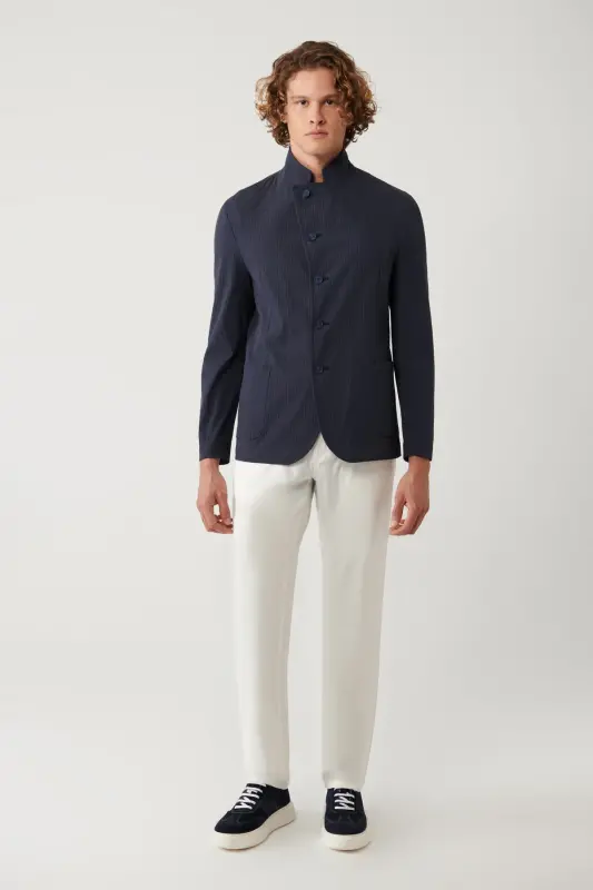 Erkek Lacivert Dik Yaka Cepli Astarsız Lightweight Blazer Comfort Slim Fit Ceket A41Y4028 - 6