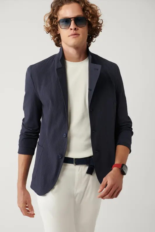Erkek Lacivert Dik Yaka Cepli Astarsız Lightweight Blazer Comfort Slim Fit Ceket A41Y4028 - Lacivert - 1