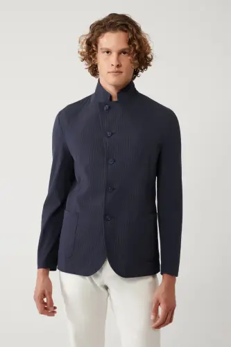 Erkek Lacivert Dik Yaka Cepli Astarsız Lightweight Blazer Comfort Slim Fit Ceket A41Y4028 - Lacivert - 3