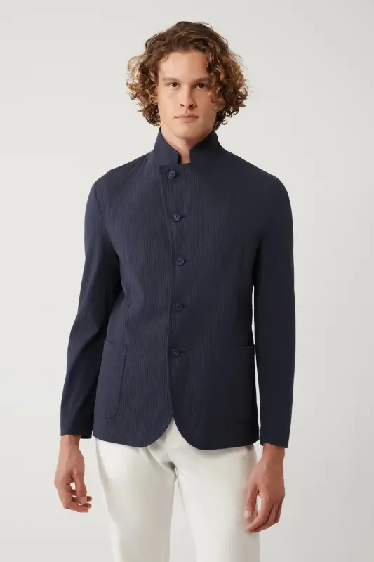 Erkek Lacivert Dik Yaka Cepli Astarsız Lightweight Blazer Comfort Slim Fit Ceket A41Y4028 - Lacivert - 3